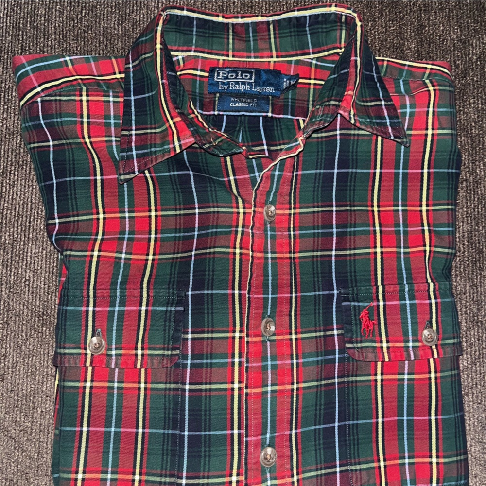 90s Ralph Lauren Mens M Faded Rainbow Plaid Collared Button Down Shirt w/pockets